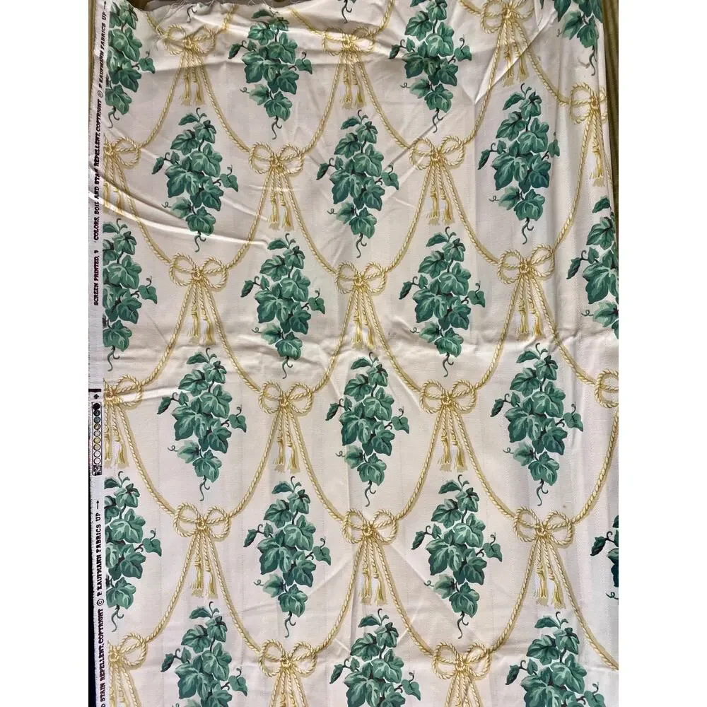 P. Kaufmann fabric pale yellow green ivy leaves white rope Cord Tassels 54